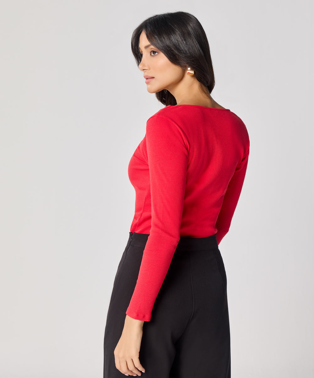 Long Sleeve Red Rib Top