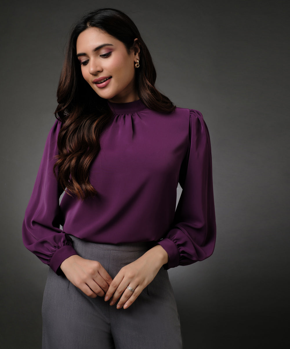 Long Sleeve Neck Pleated Purple Top