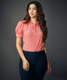 Neck Frilled Front Buttoned Peach Top