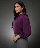 Long Sleeve Neck Pleated Purple Top