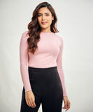 Long Sleeve Round Neck Rib Top- Salmon Pink