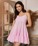 Plunge Vneck Cotton Strappy Pink Dress