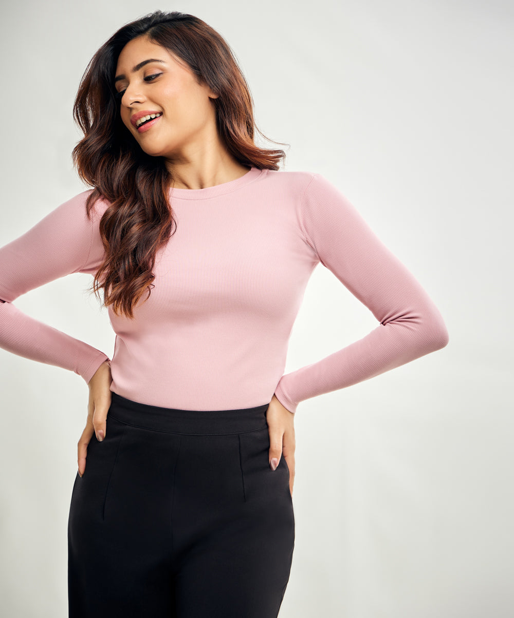 Long Sleeve Round Neck Rib Top- Salmon Pink