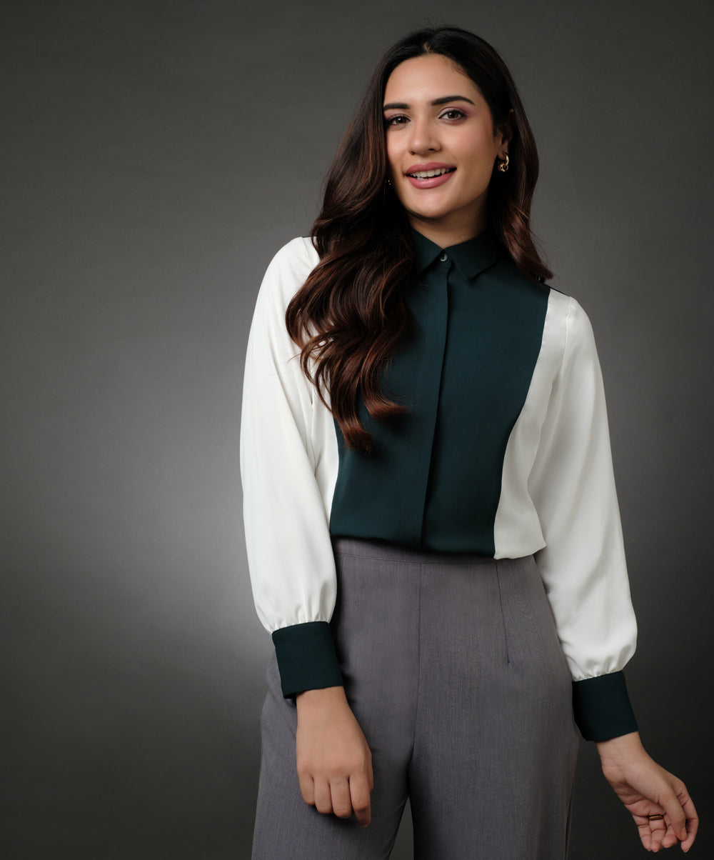 White And Green Contrast Paneled Shirt