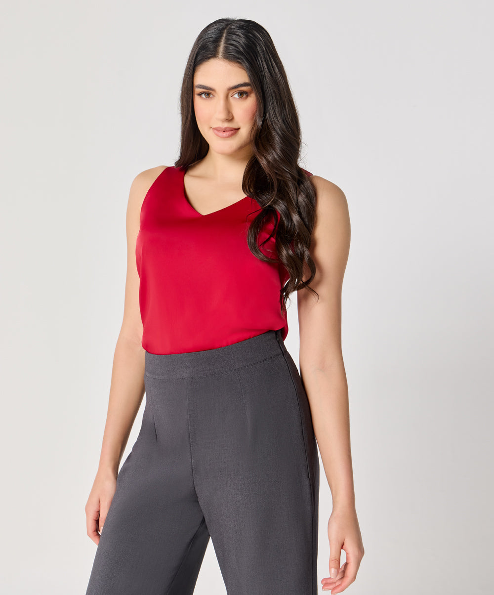 Sleeveless Vneck Satin Top-Dark Pink