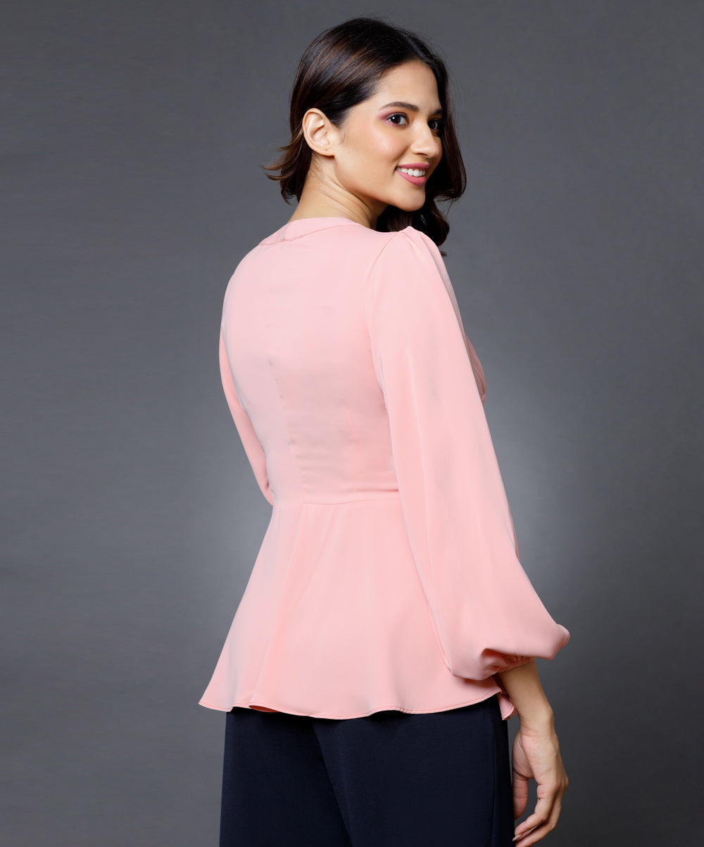 Solid Chiffon V Neck Front Slit Hem Blouse