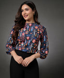 Long Sleeve Round Neck Printed Navy Chiffon Top