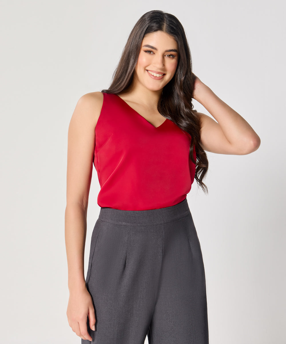 Sleeveless Vneck Satin Top-Dark Pink