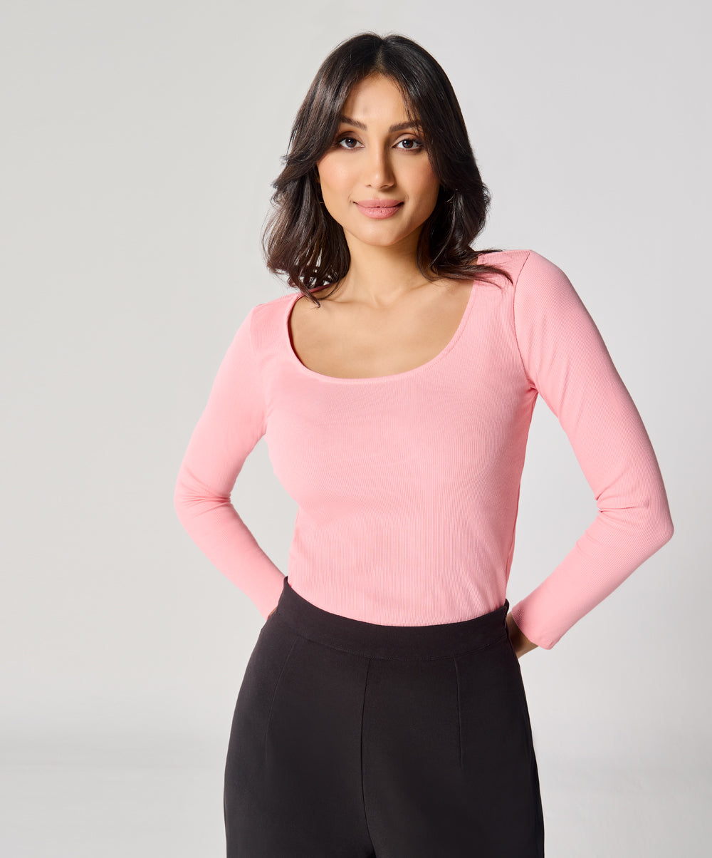 Pink Rib Top Long Sleeve Peach Pink Rib Top – ZIGZAG UAE