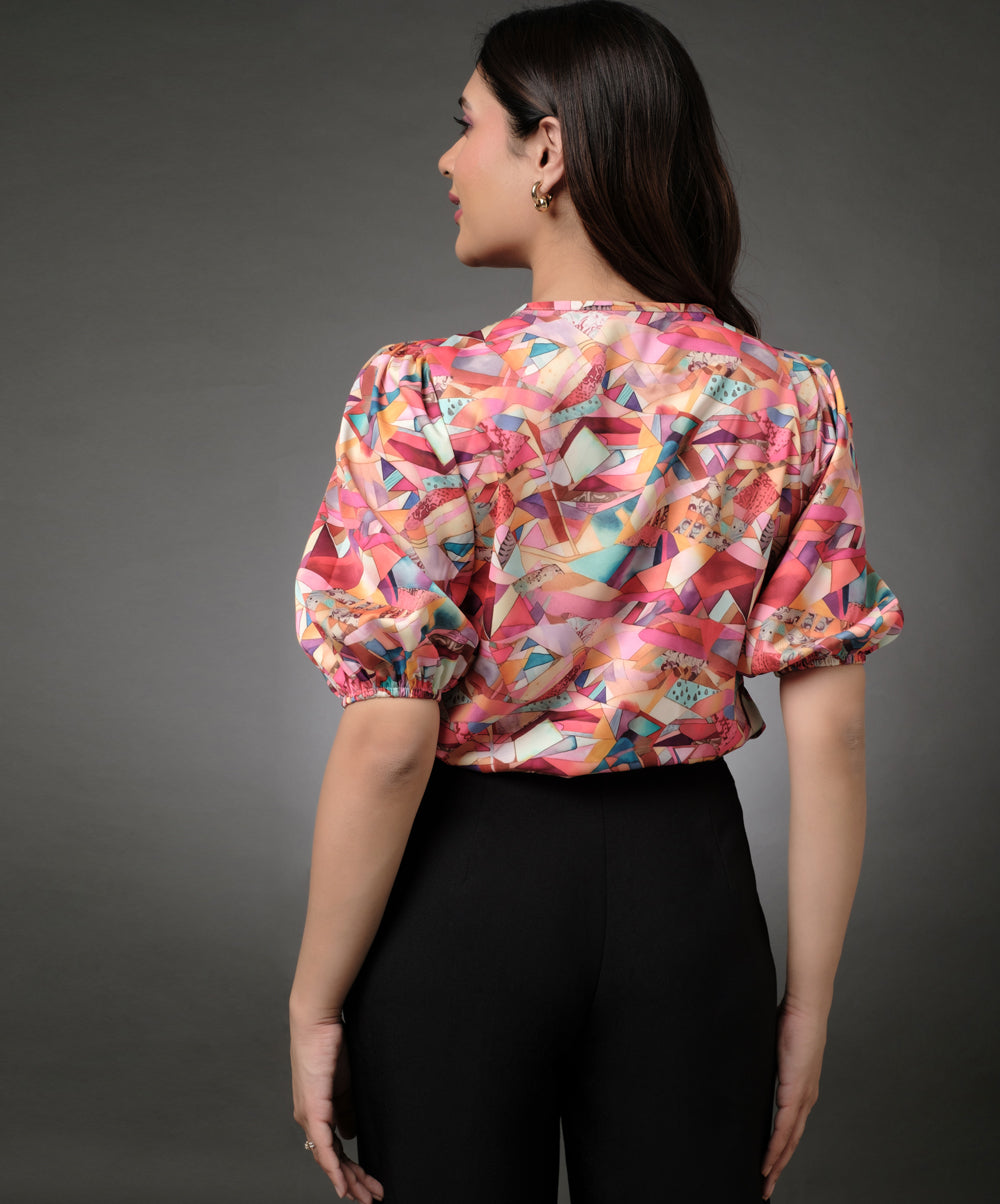 Satin Printed Button Formal Top