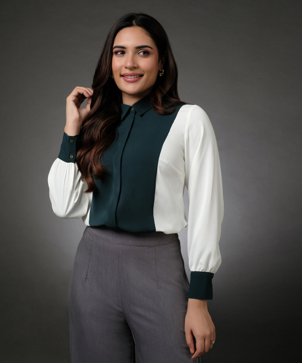 White And Green Contrast Paneled Shirt