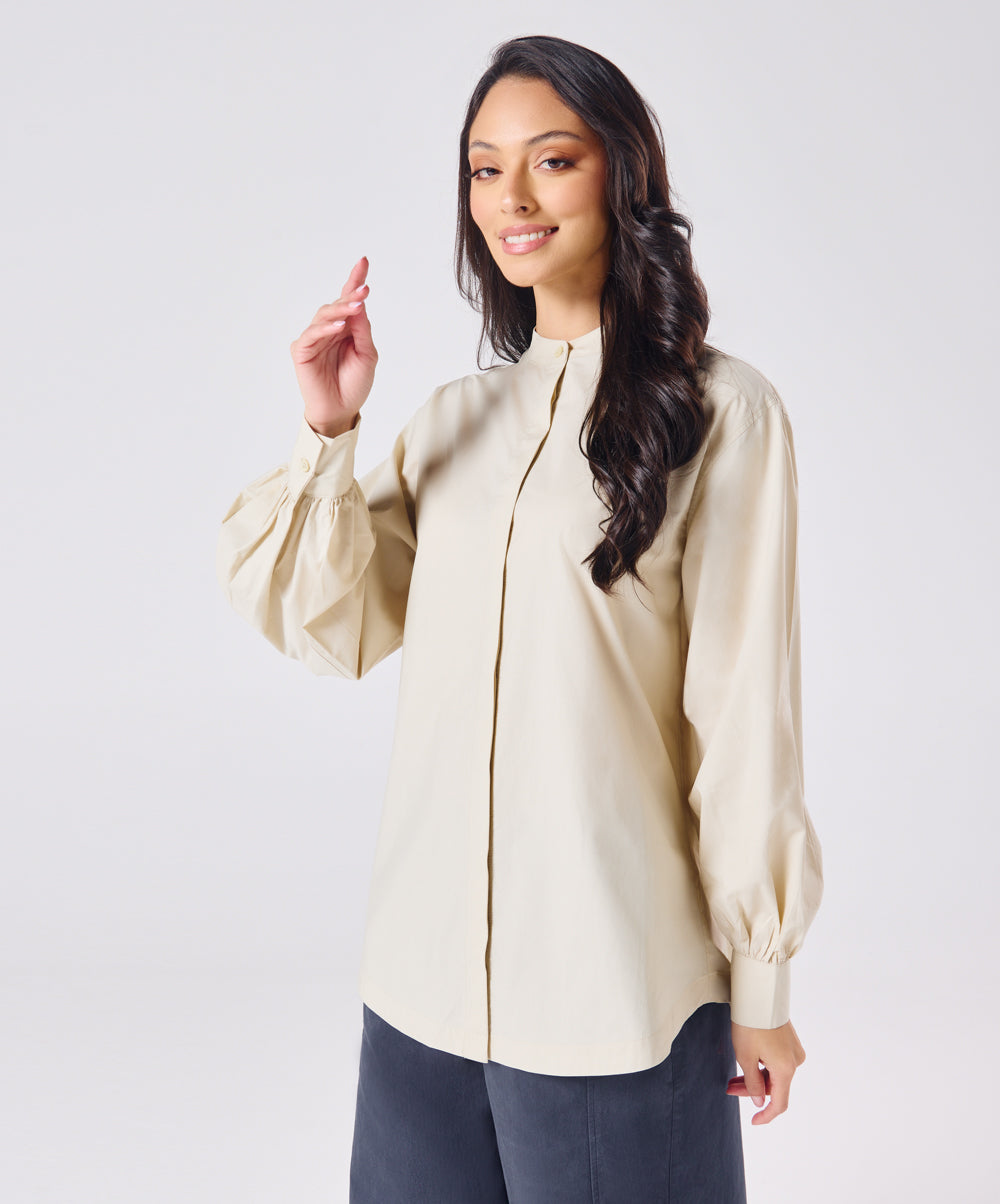 Mandarin  Collar Cotton Oversized Shirt- Light Beige