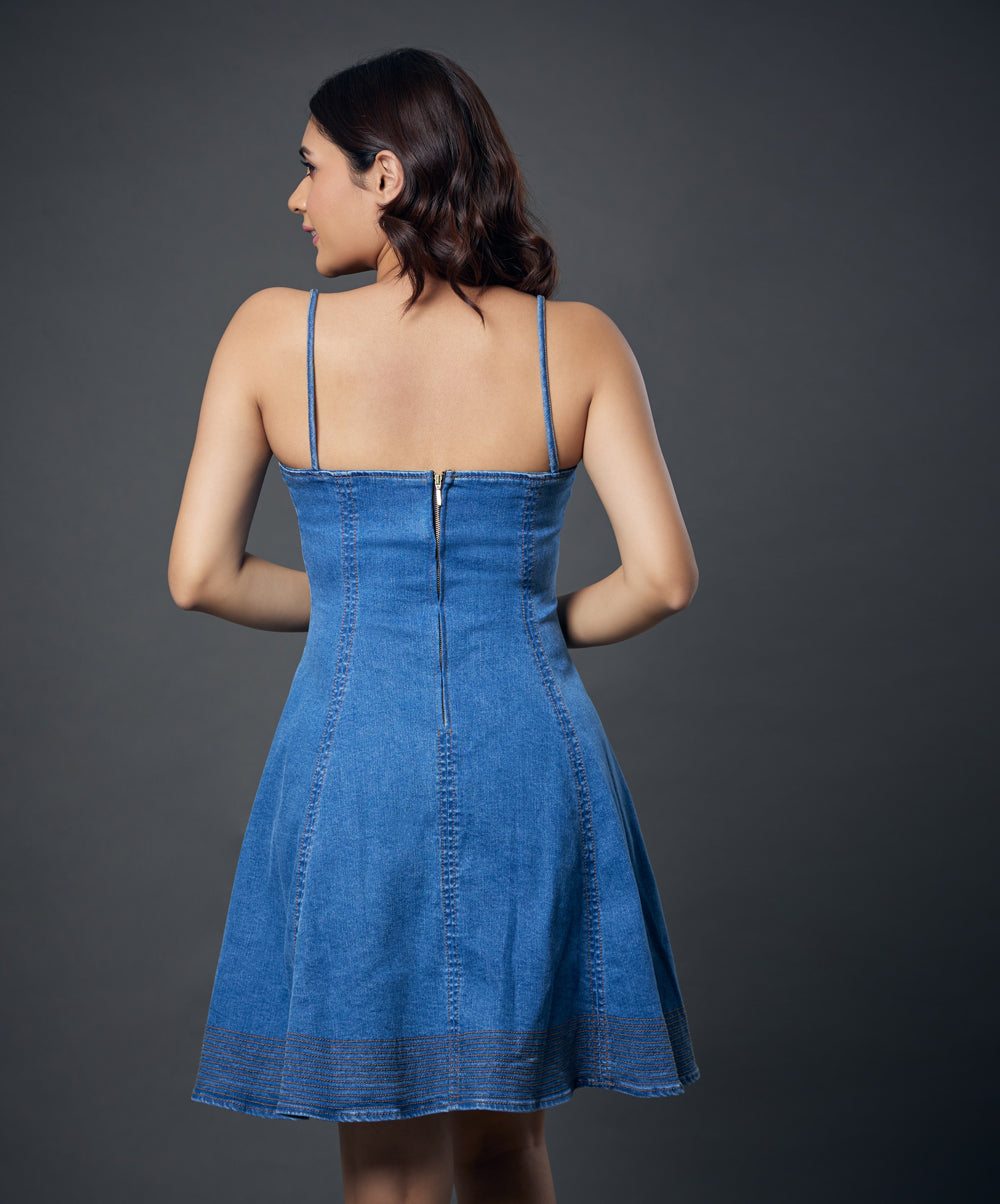 Strappy Princess Line Paneled Denim Dress