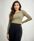 Long Sleeve Round Neck Rib Top- Khaki Green