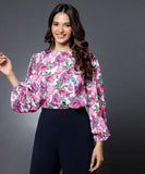 Purple Floral Shirred Cuff Top