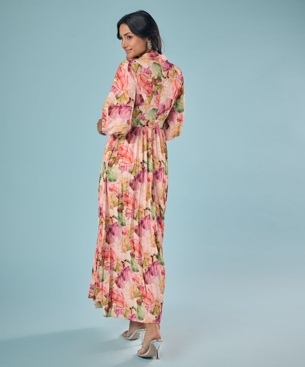 Pleated Printed Chiffon Shirt Dress