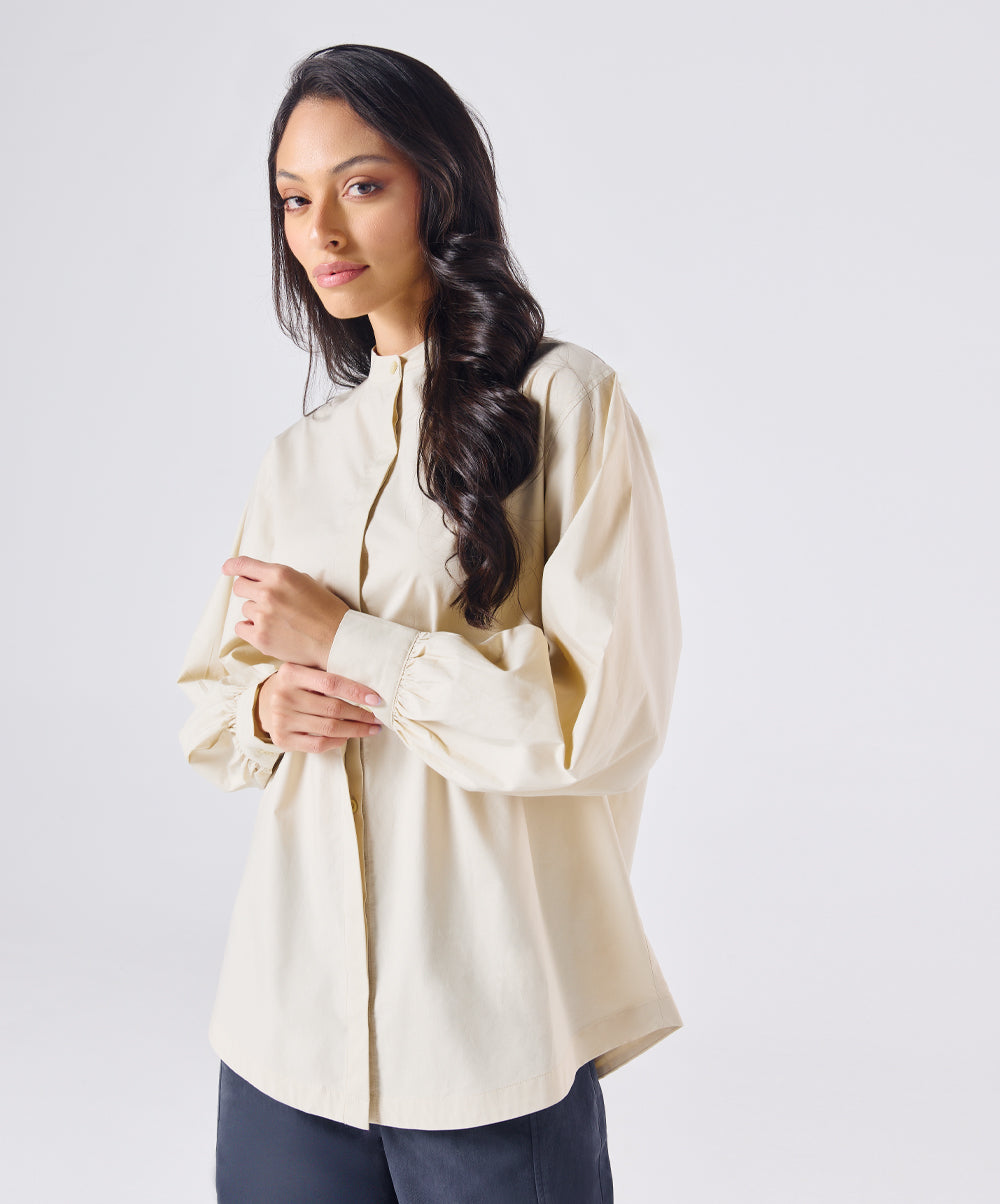 Mandarin  Collar Cotton Oversized Shirt- Light Beige