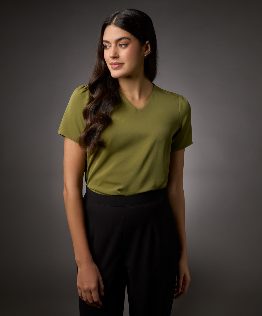 Vneck Short Sleeve Chiffon Top-Green