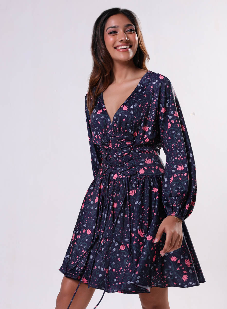 Front Tie Satin Printed Blue Dress