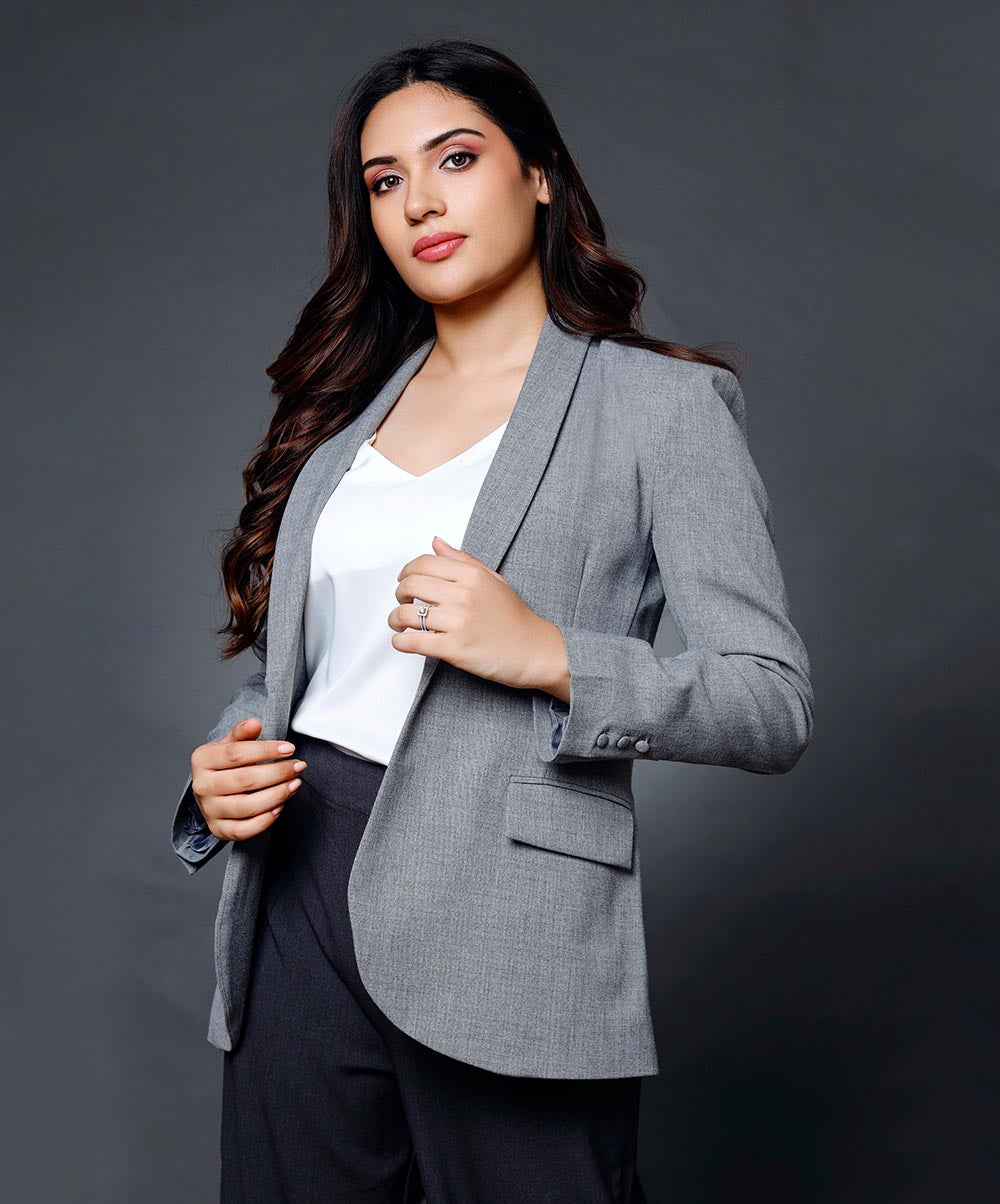 Long Sleeve Formal Blazer With Pockets-Light Grey