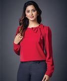 Neck Bow Solid Chiffon Long Sleeve Red Top
