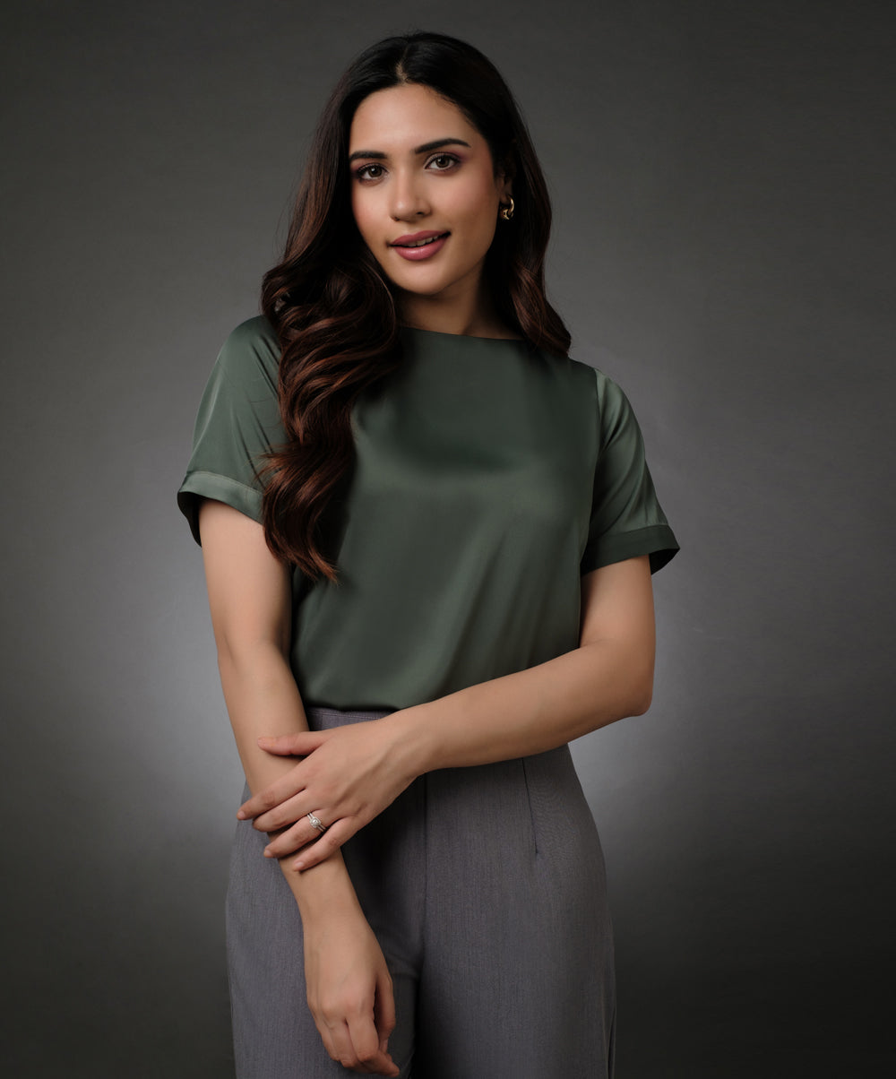 Short Sleeve Satin Green Top