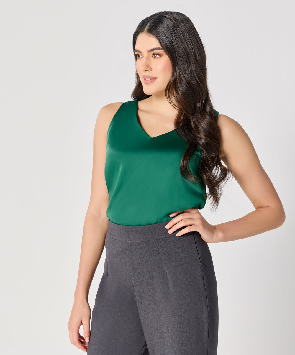 Sleeveless Vneck Satin Top-Green