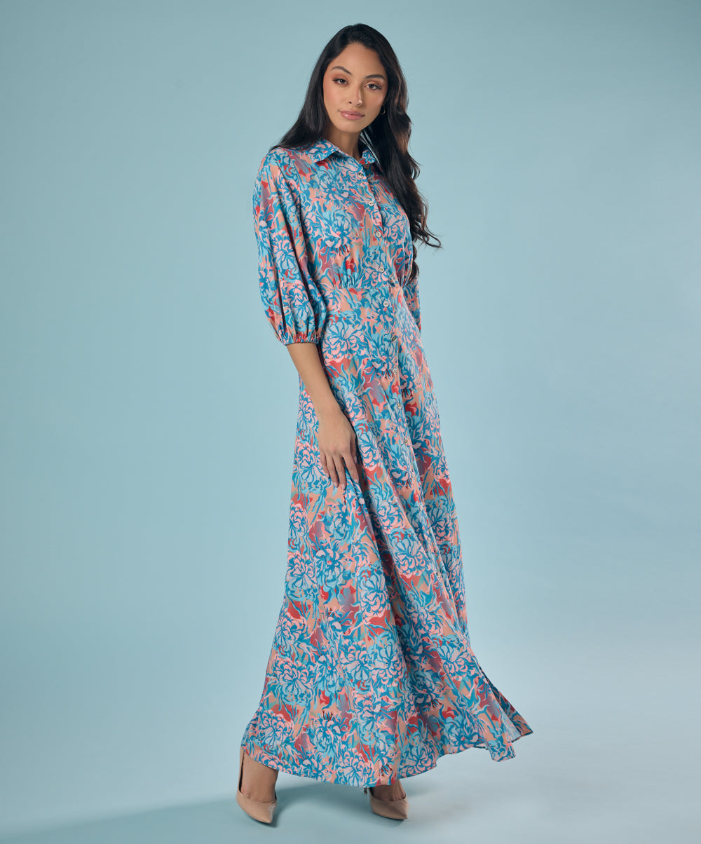 Half Sleeve Printed Chiffon Maxi Shirt Dress