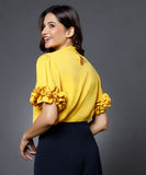 Sleeve Detailed Neck Tie Yellow Top