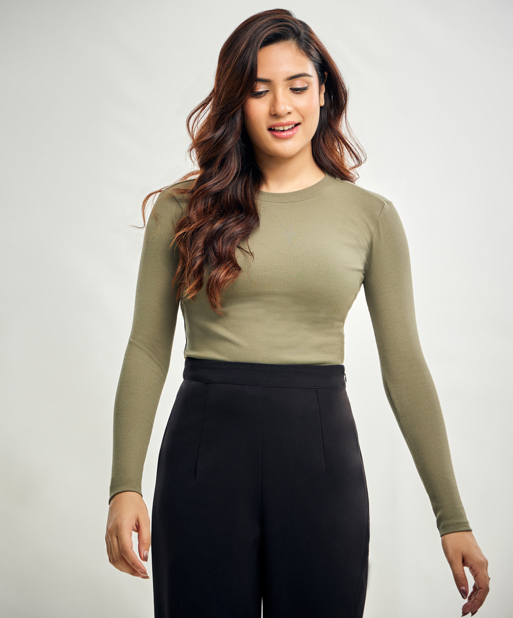 Long Sleeve Round Neck Rib Top- Khaki Green