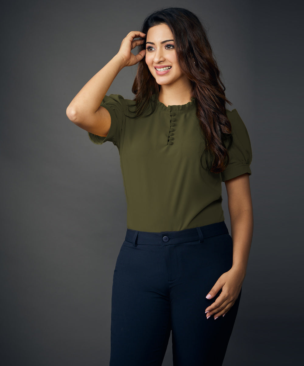 Neck Frilled Front Buttoned Olive Top