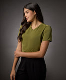 Vneck Short Sleeve Chiffon Top-Green