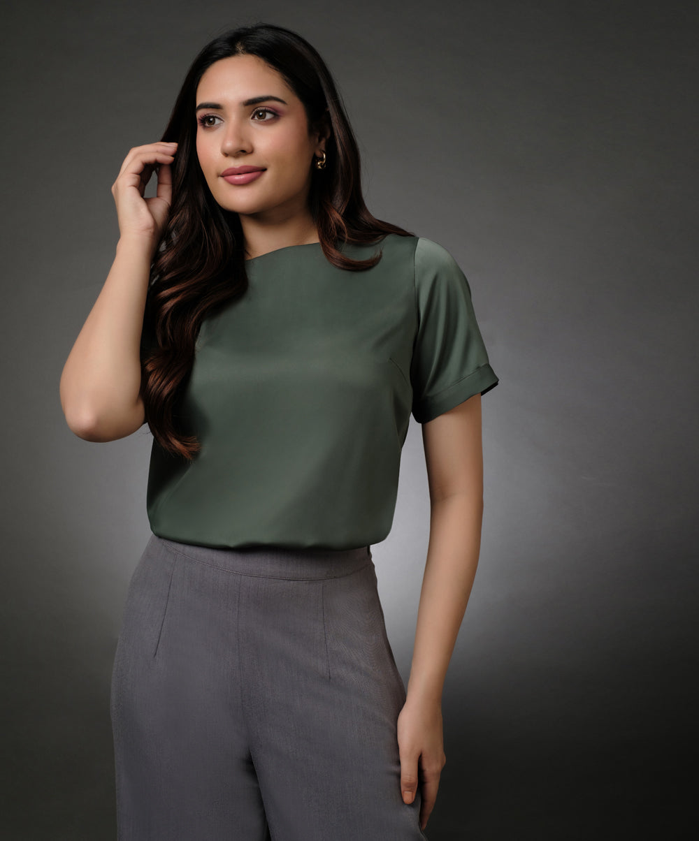 Short Sleeve Satin Green Top