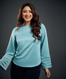 Long Sleeve Pleated Blue Satin Top