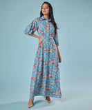 Half Sleeve Printed Chiffon Maxi Shirt Dress