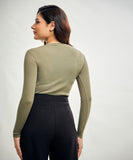 Long Sleeve Round Neck Rib Top- Khaki Green