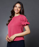 Sleeve Detailed Pink Round Neck Top