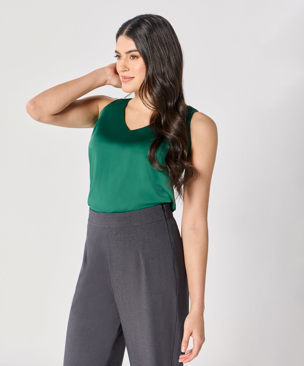 Sleeveless Vneck Satin Top-Green