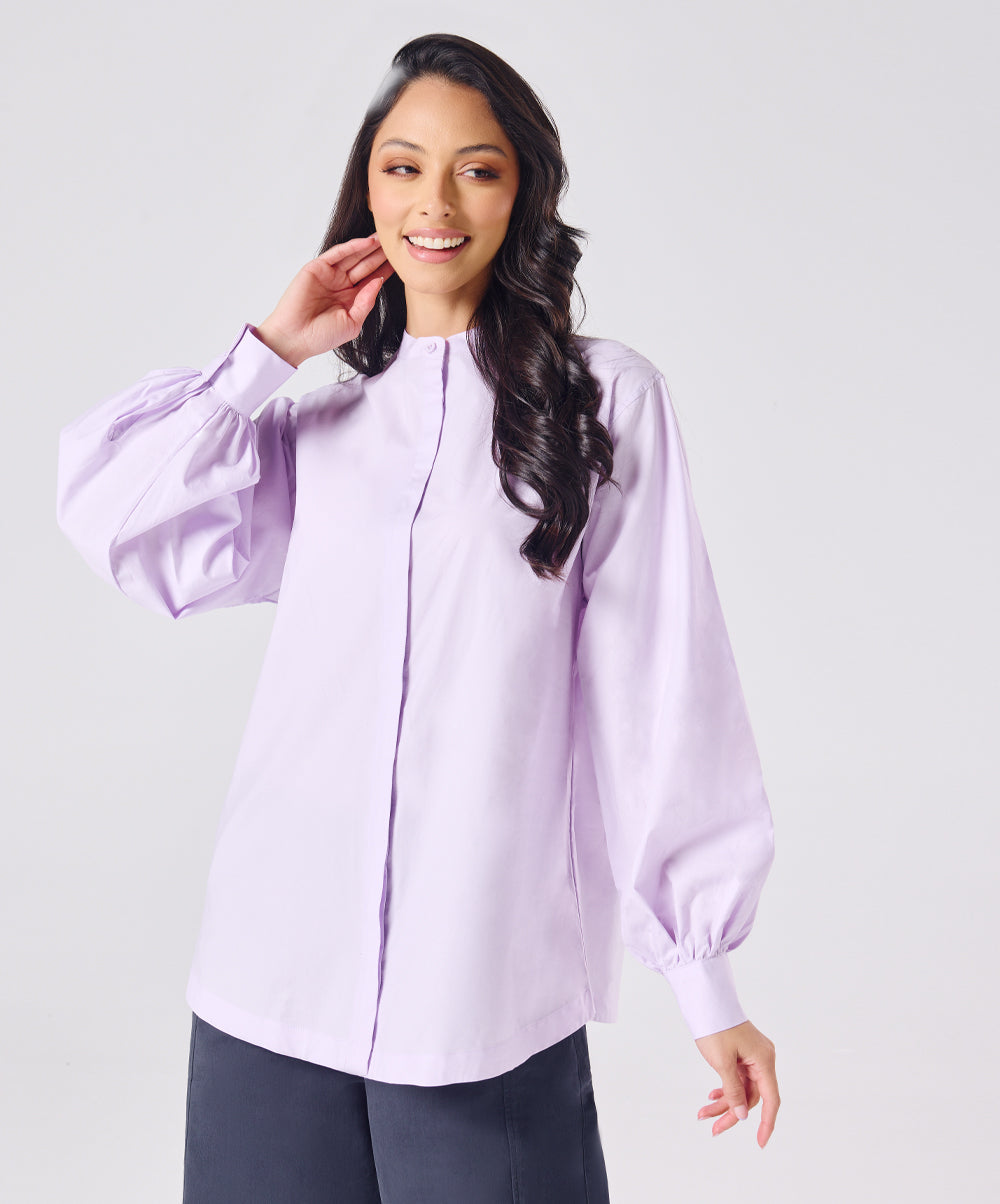 Mandarin  Collar Cotton Oversized Shirt- Lavender