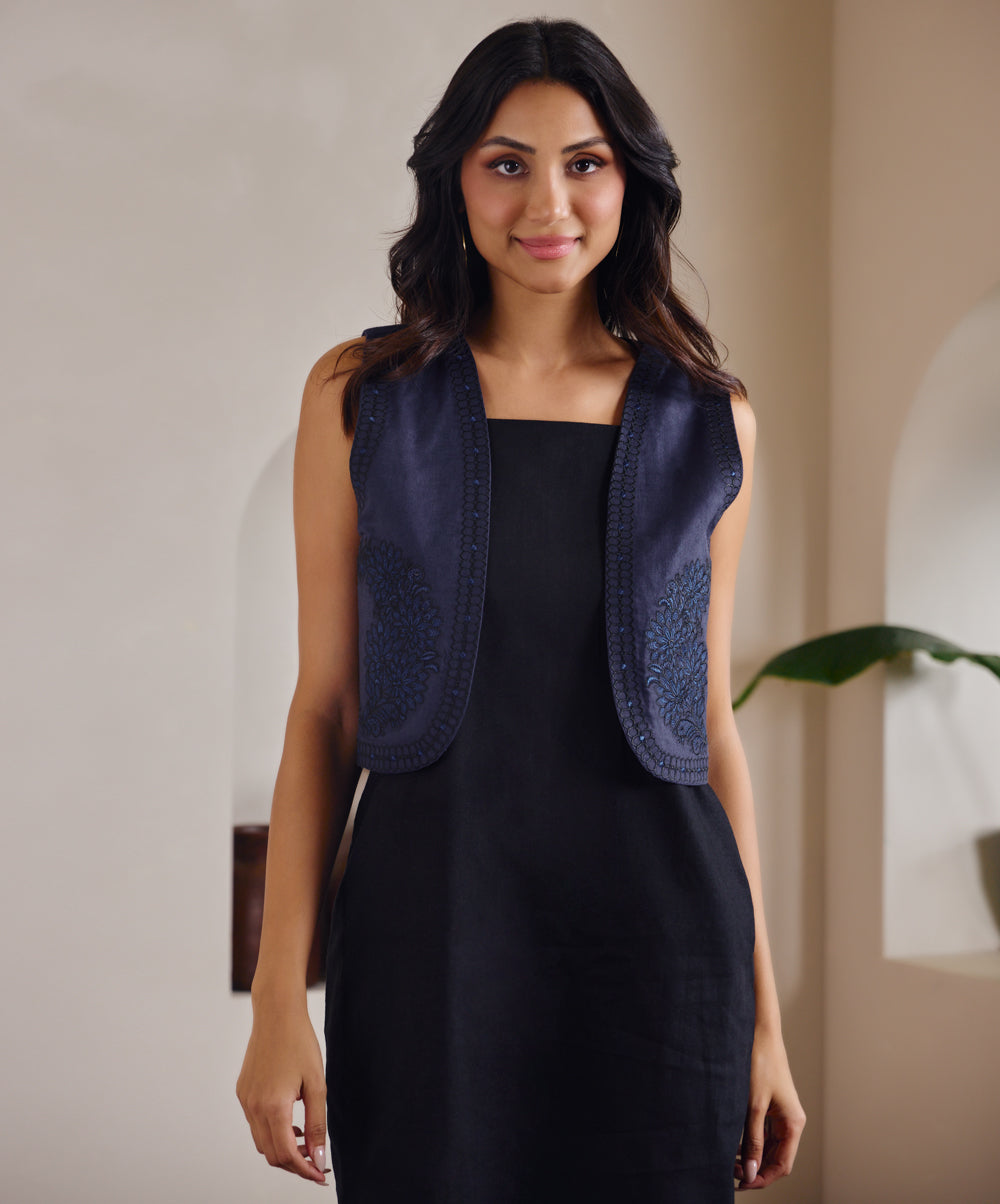 Sleeveless Embroidered Linen Blue Waist Coat