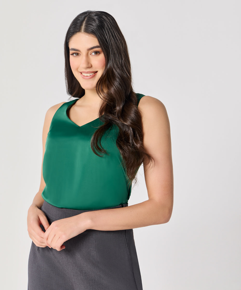 Sleeveless Vneck Satin Top-Green