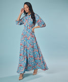 Half Sleeve Printed Chiffon Maxi Shirt Dress