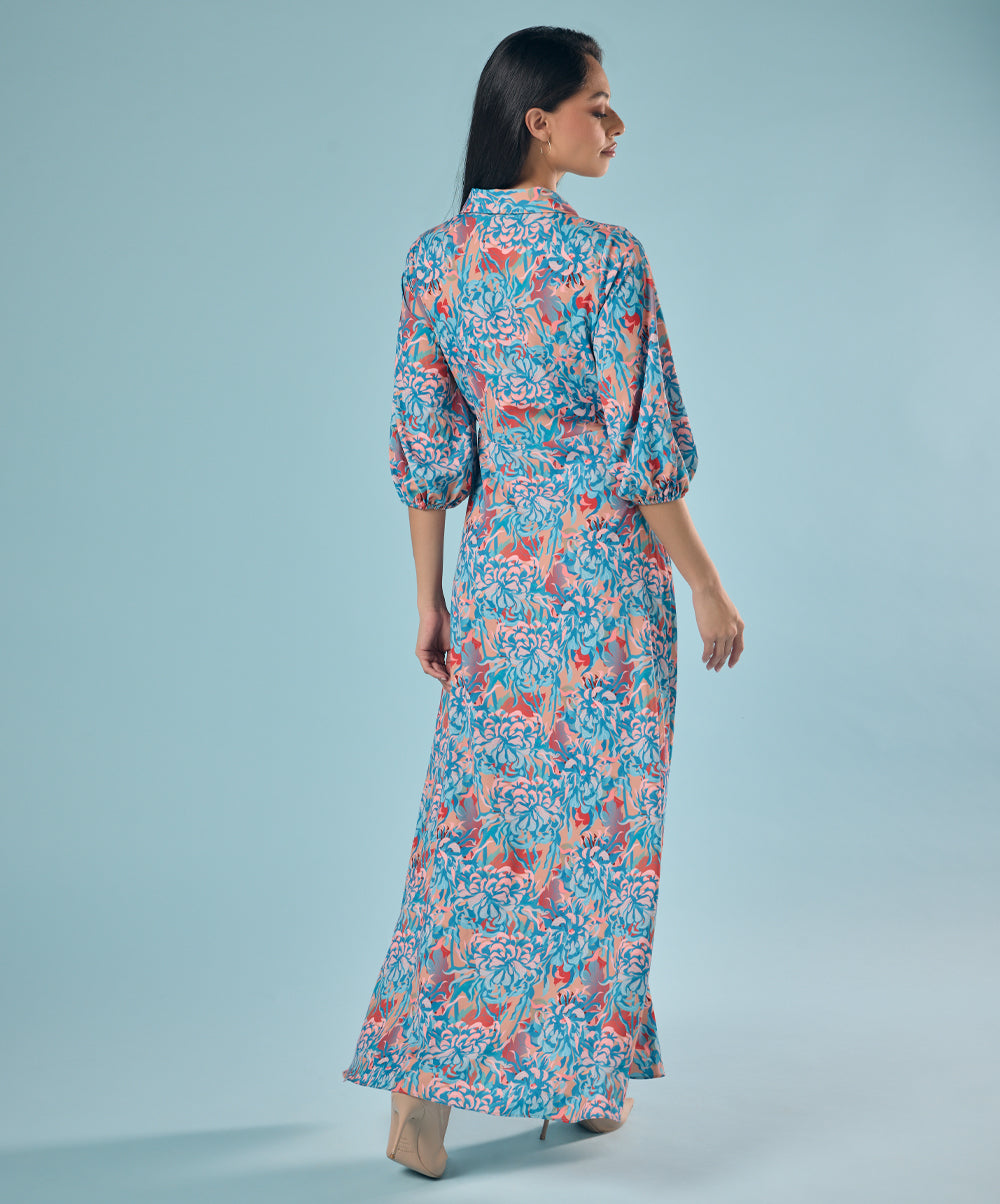 Half Sleeve Printed Chiffon Maxi Shirt Dress