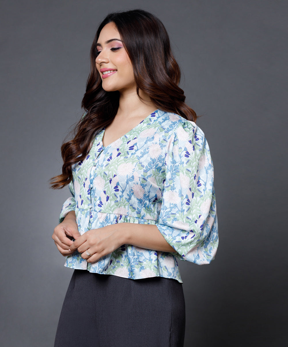 Printed Satin Peplum Top