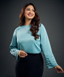 Long Sleeve Pleated Blue Satin Top