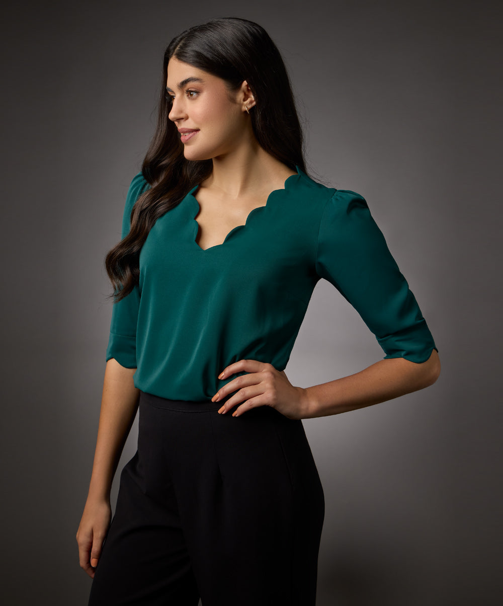 Long Sleeve Neck Scalloped Green Top