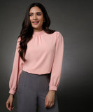 Long Sleeve Neck Pleated Chiffon Top-Peach