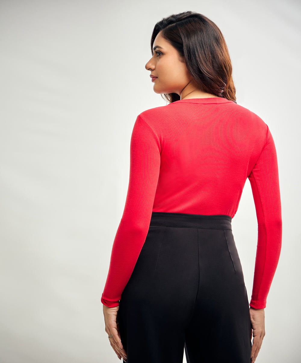 Long Sleeve Round Neck Rib Top- Red