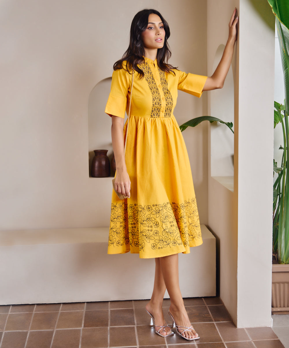 Floral Embroidered Linen Waist Gathered Dress