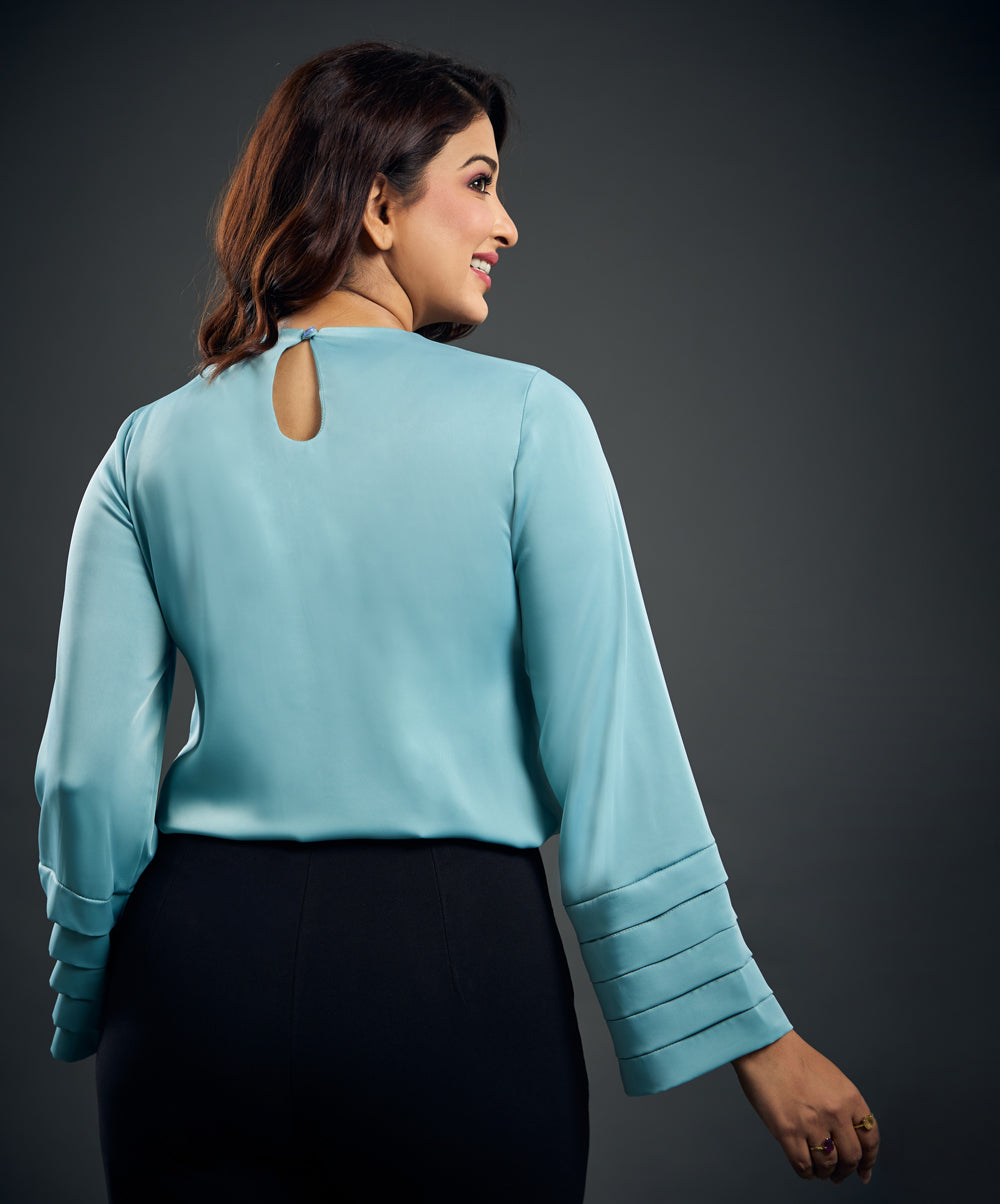 Long Sleeve Pleated Blue Satin Top